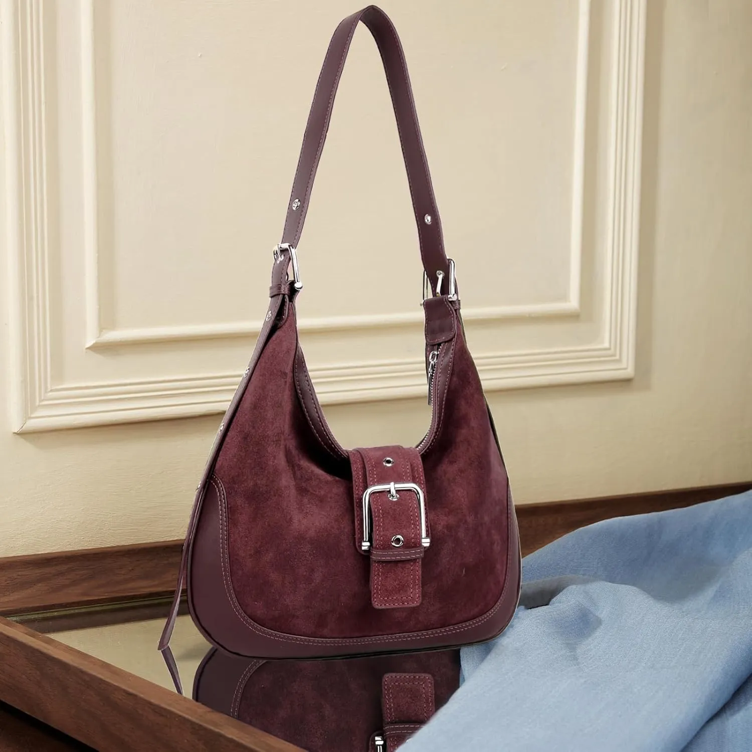 BOYATU Suede Shoulder Bag for Women: Genuine Leather Tote Bag - Ladies Crescent Satchel Handbags for Travel