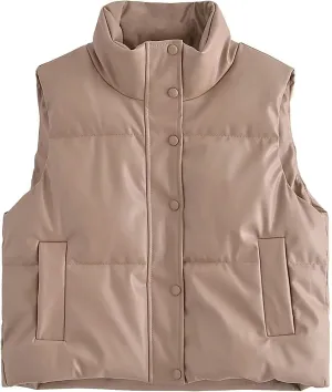 Bozanly Crop Quilted Puffer Vest for Women Zipper Stand Collar Sleeveless Padded Down Jacket Top