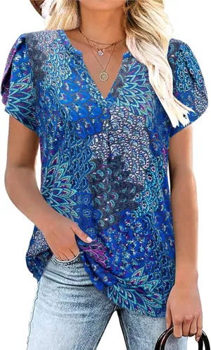 Bulotus Women Summer Casual Short Sleeve T-Shirts V Neck Tops Short Sleeve Loose Fit Tunic Blouses