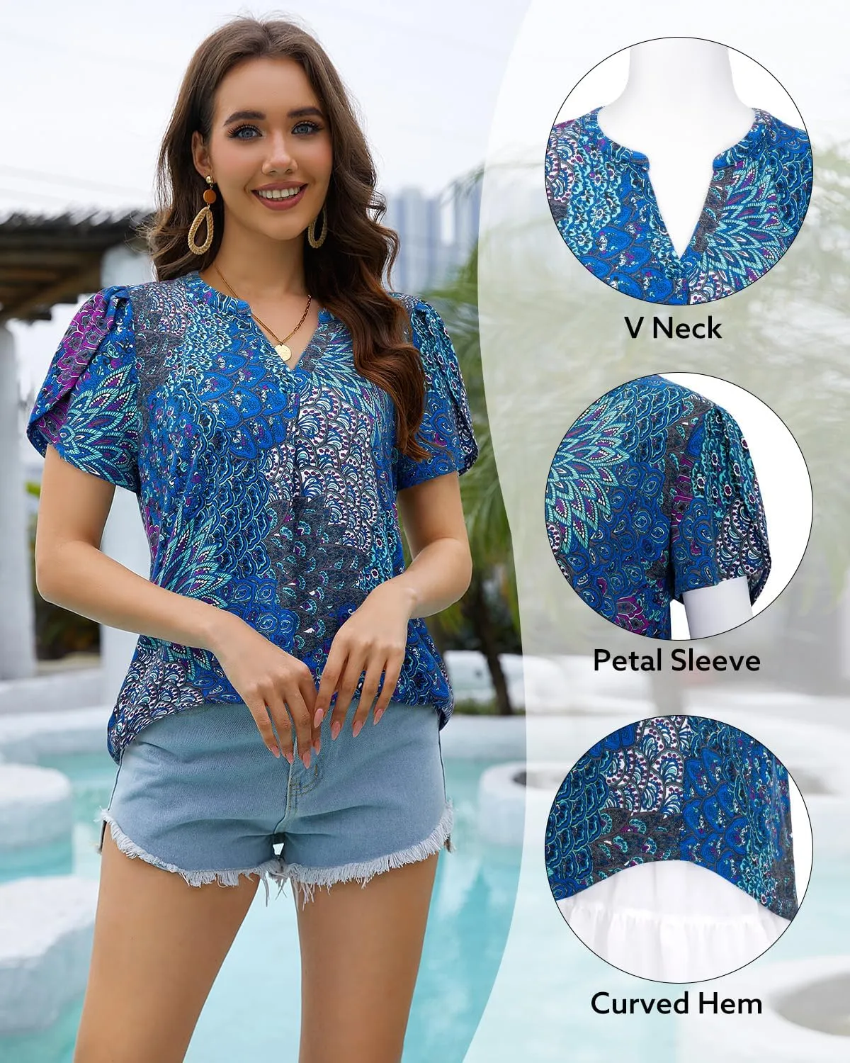 Bulotus Women Summer Casual Short Sleeve T-Shirts V Neck Tops Short Sleeve Loose Fit Tunic Blouses