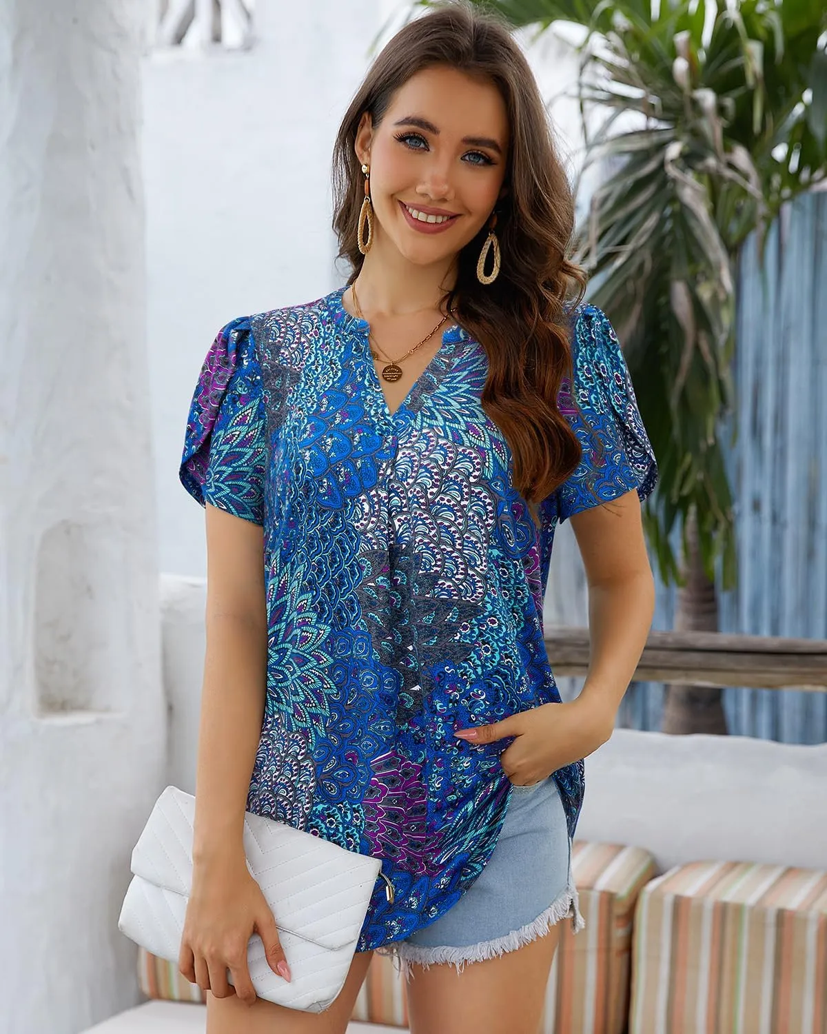 Bulotus Women Summer Casual Short Sleeve T-Shirts V Neck Tops Short Sleeve Loose Fit Tunic Blouses