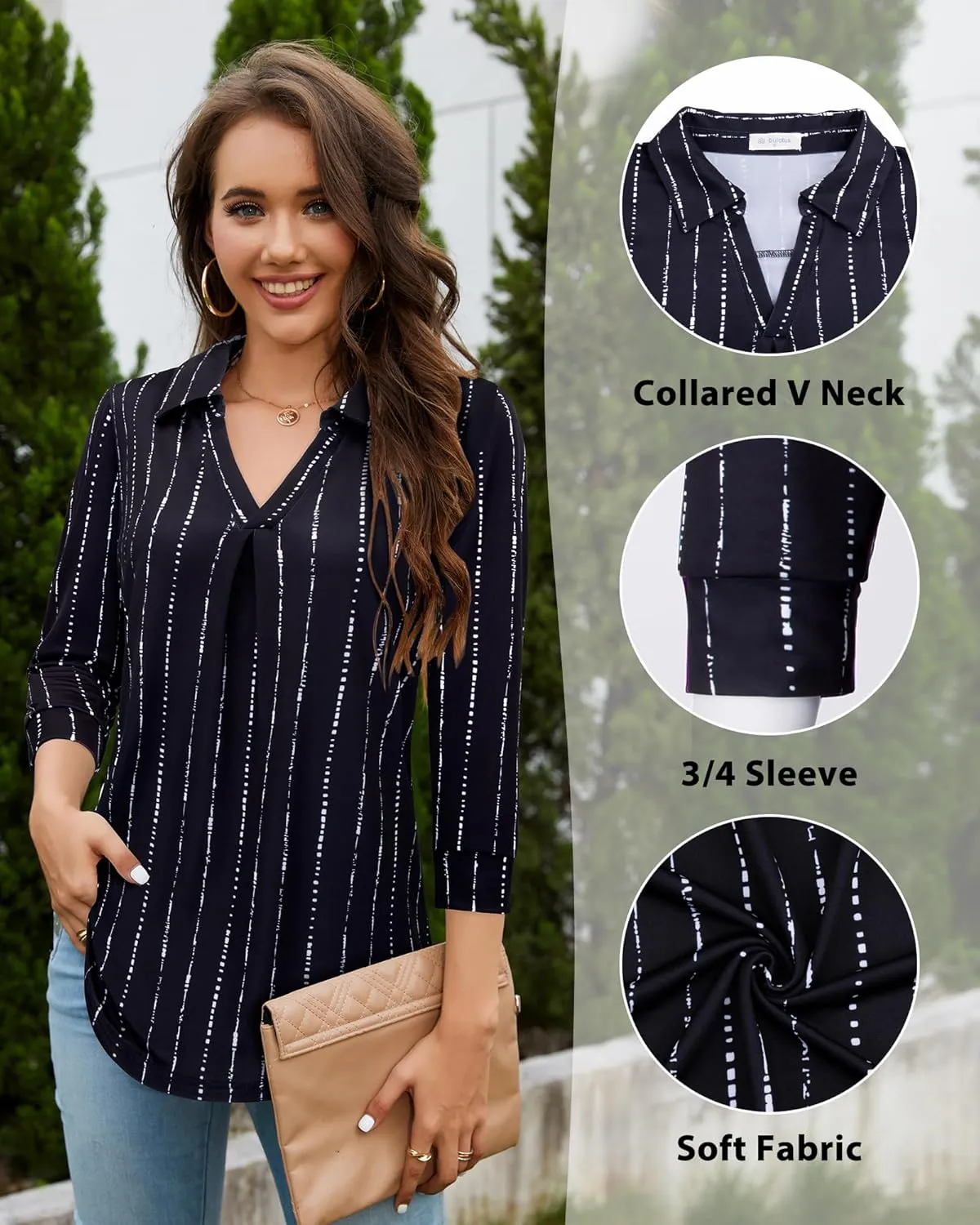 Bulotus Women's 3/4 Sleeve Tunic Shirts Business Casual Blouses V Neck Work Tops