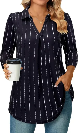 Bulotus Women's 3/4 Sleeve Tunic Shirts Business Casual Blouses V Neck Work Tops