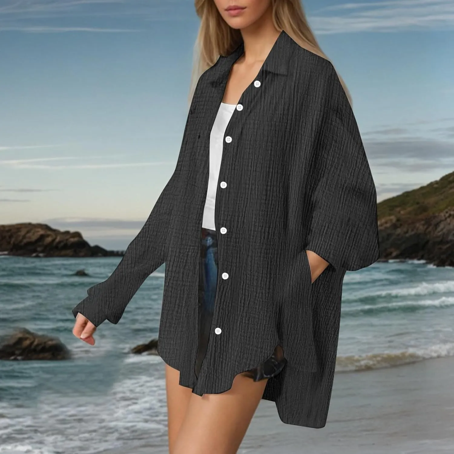 Button Blouses for Women, Fashion Beach Long Sleeve Vacation Casual Summer Outfits for Women