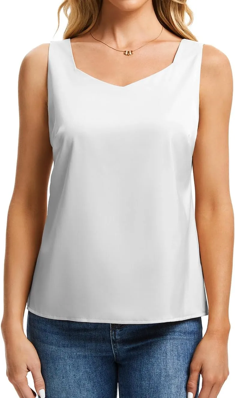 CAPE CLIQUE Silk Satin Tank Tops for Women V Neck Sleeveless Camisole 2025 Summer Basic Blouses Work Outfits Shirts