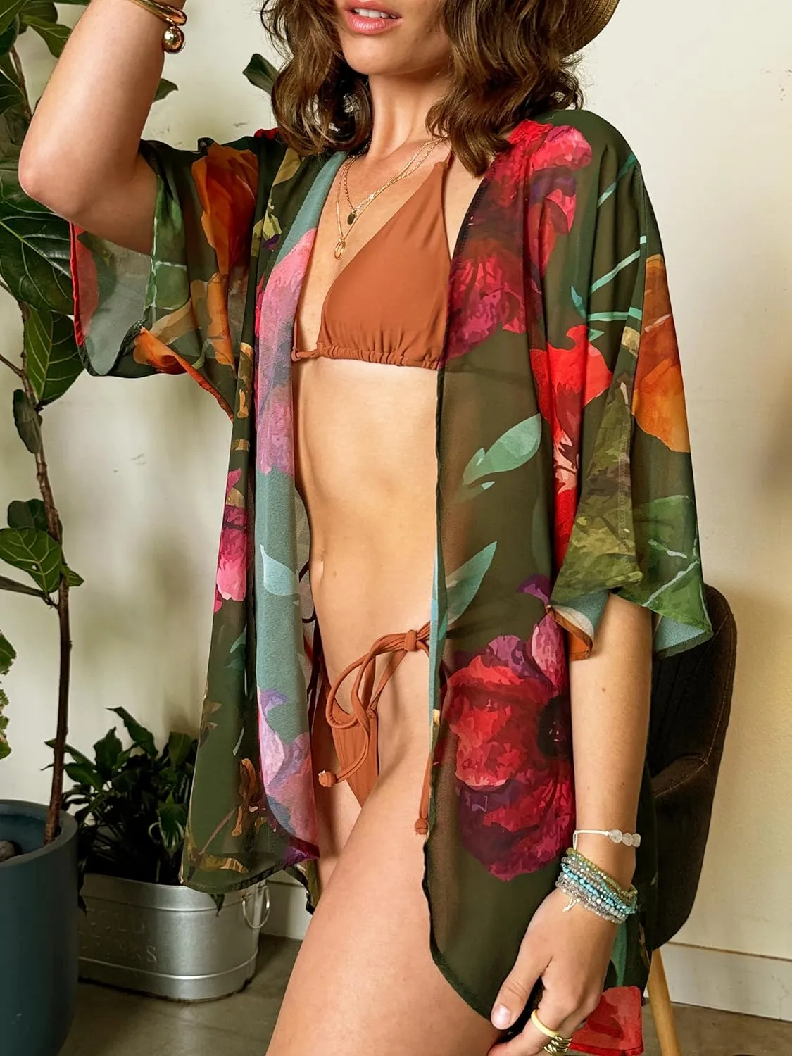 CATCHY & CRAFTY Kimonos for Women Boho Floral Print Swimsuit Cover Up Lightweight Beach Cardigan for Summer Resort Wear