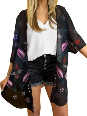 CATCHY & CRAFTY Kimonos for Women Boho Floral Print Swimsuit Cover Up Lightweight Beach Cardigan for Summer Resort Wear