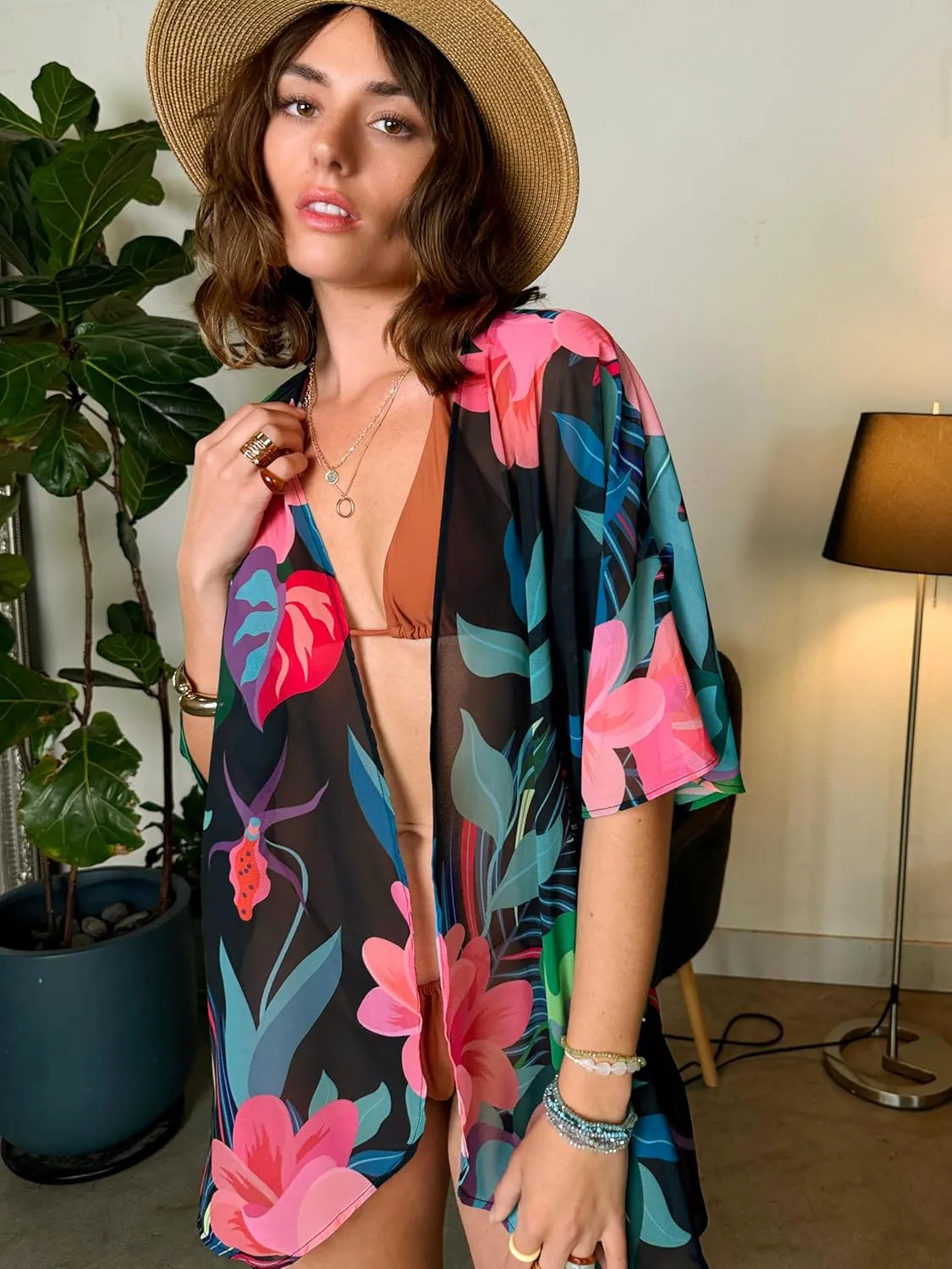 CATCHY & CRAFTY Kimonos for Women Boho Floral Print Swimsuit Cover Up Lightweight Beach Cardigan for Summer Resort Wear