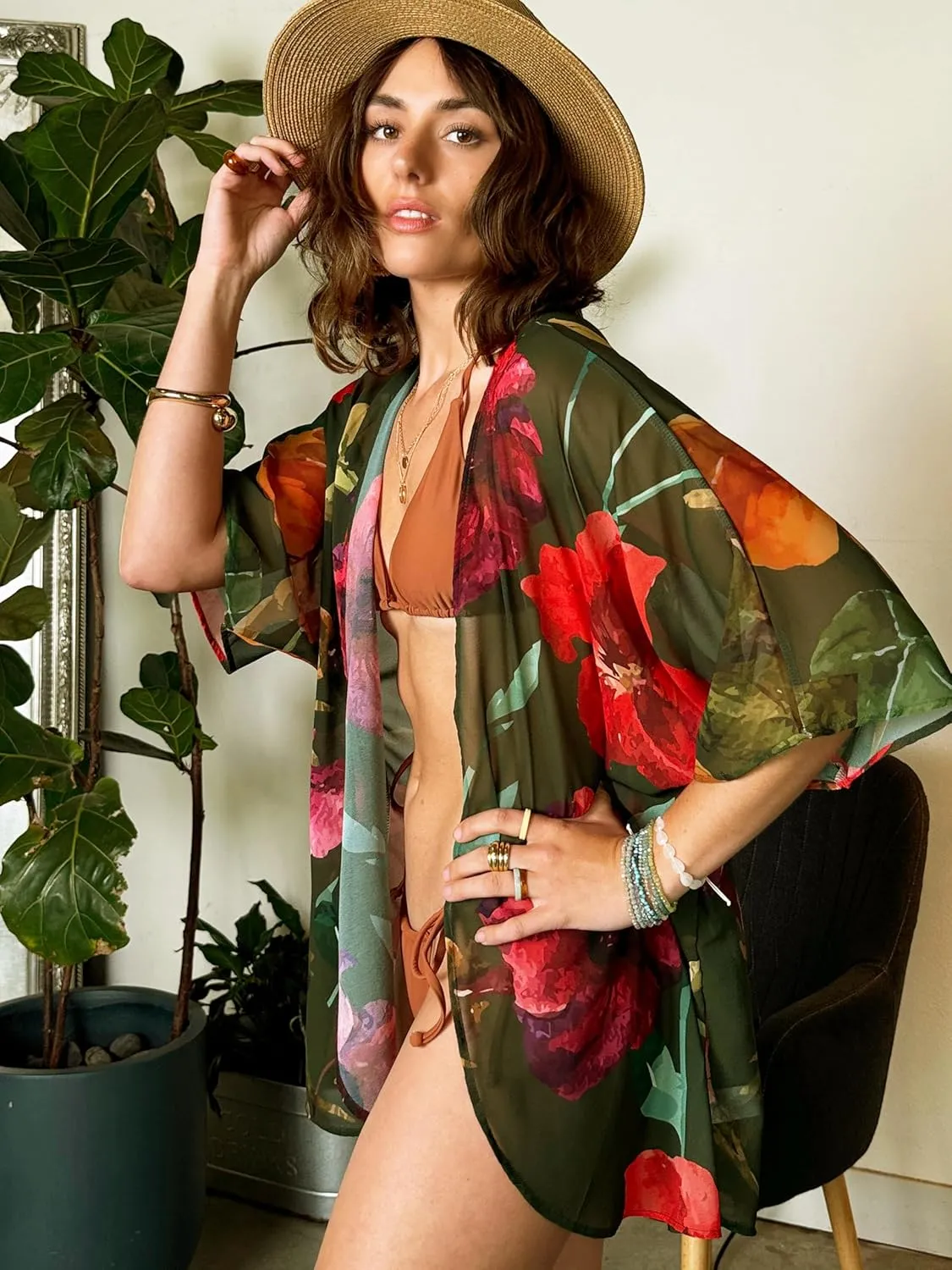 CATCHY & CRAFTY Kimonos for Women Boho Floral Print Swimsuit Cover Up Lightweight Beach Cardigan for Summer Resort Wear