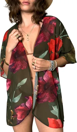 CATCHY & CRAFTY Kimonos for Women Boho Floral Print Swimsuit Cover Up Lightweight Beach Cardigan for Summer Resort Wear