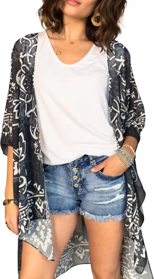 CATCHY & CRAFTY Swimsuit Coverup for Women Kimono Cardigan Beach Floral Boho Print Resort Wear Cruise Gift