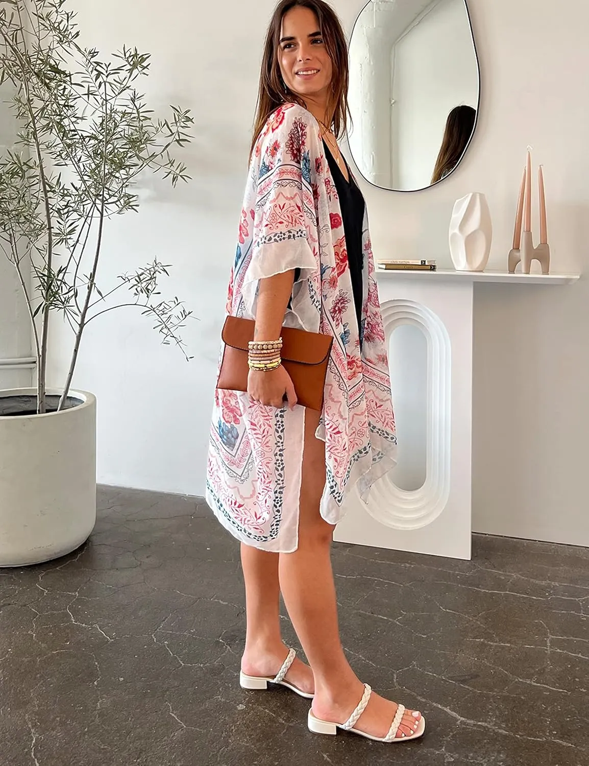 CATCHY & CRAFTY Swimsuit Coverup for Women Kimono Cardigan Beach Floral Boho Print Resort Wear Cruise Gift