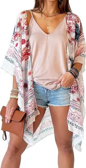 CATCHY & CRAFTY Swimsuit Coverup for Women Kimono Cardigan Beach Floral Boho Print Resort Wear Cruise Gift