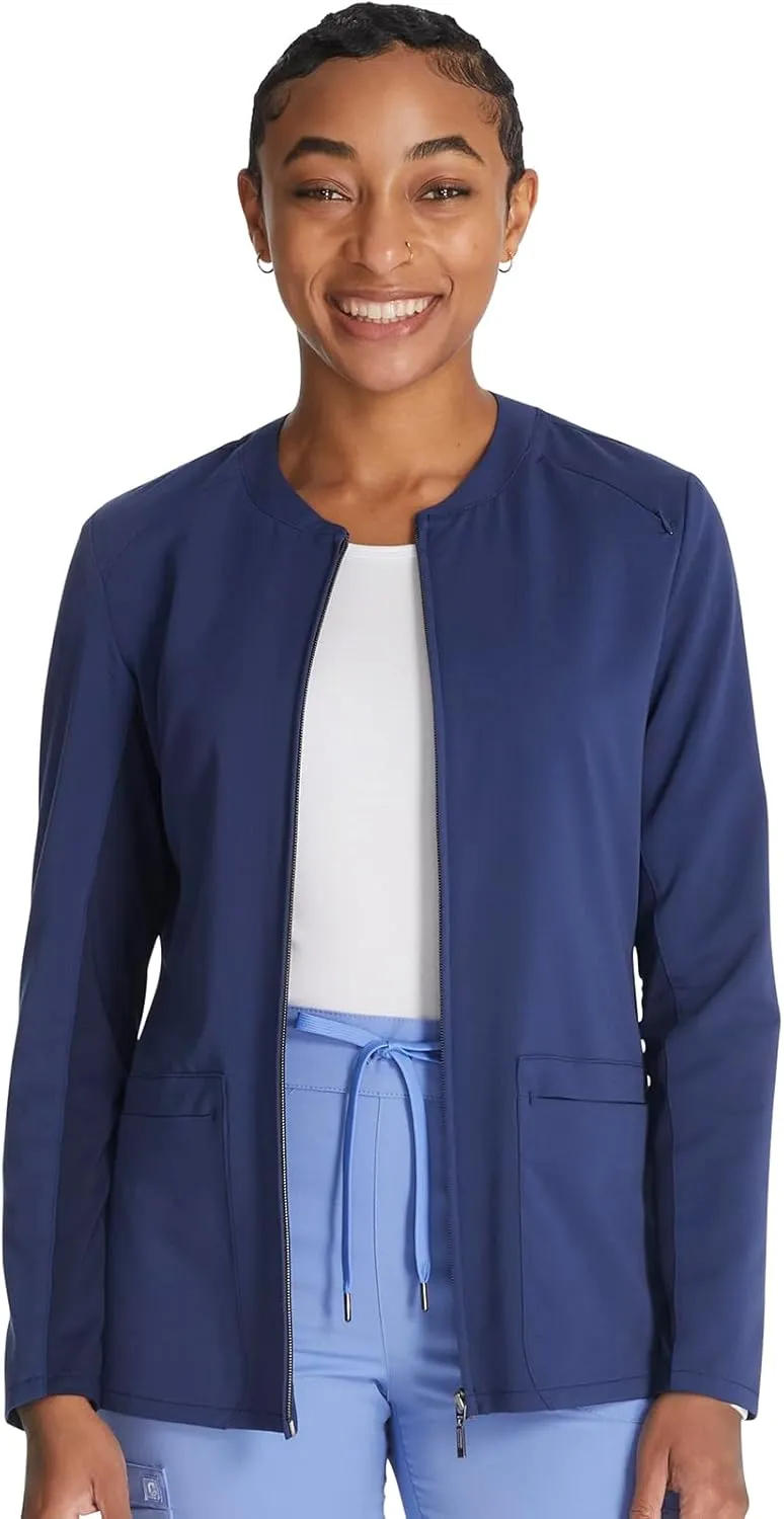 Cherokee Women Zip Scrub Jacket with 2 Pockets and Shirttail Hem Knit Sleeve CK356A