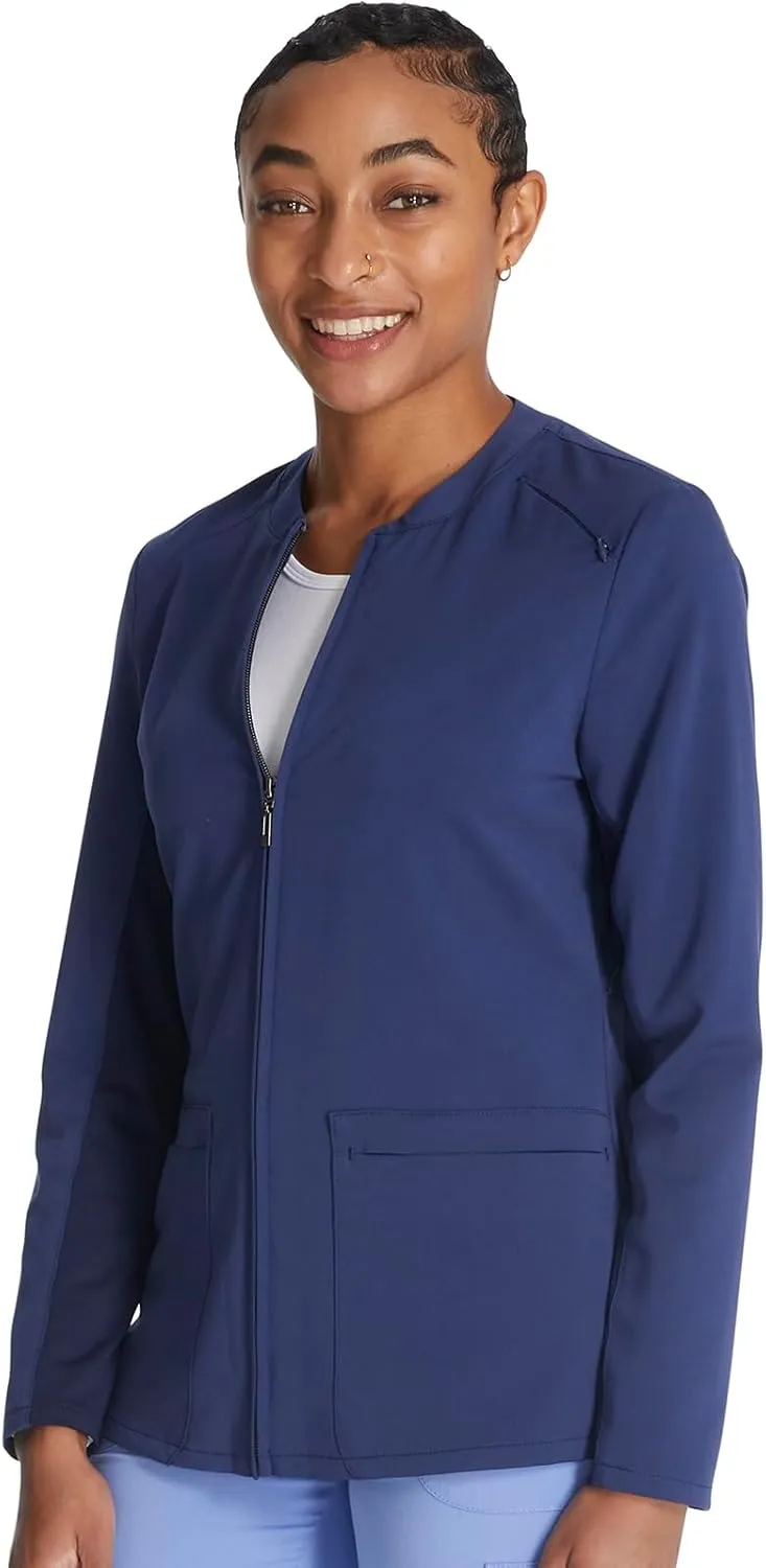 Cherokee Women Zip Scrub Jacket with 2 Pockets and Shirttail Hem Knit Sleeve CK356A