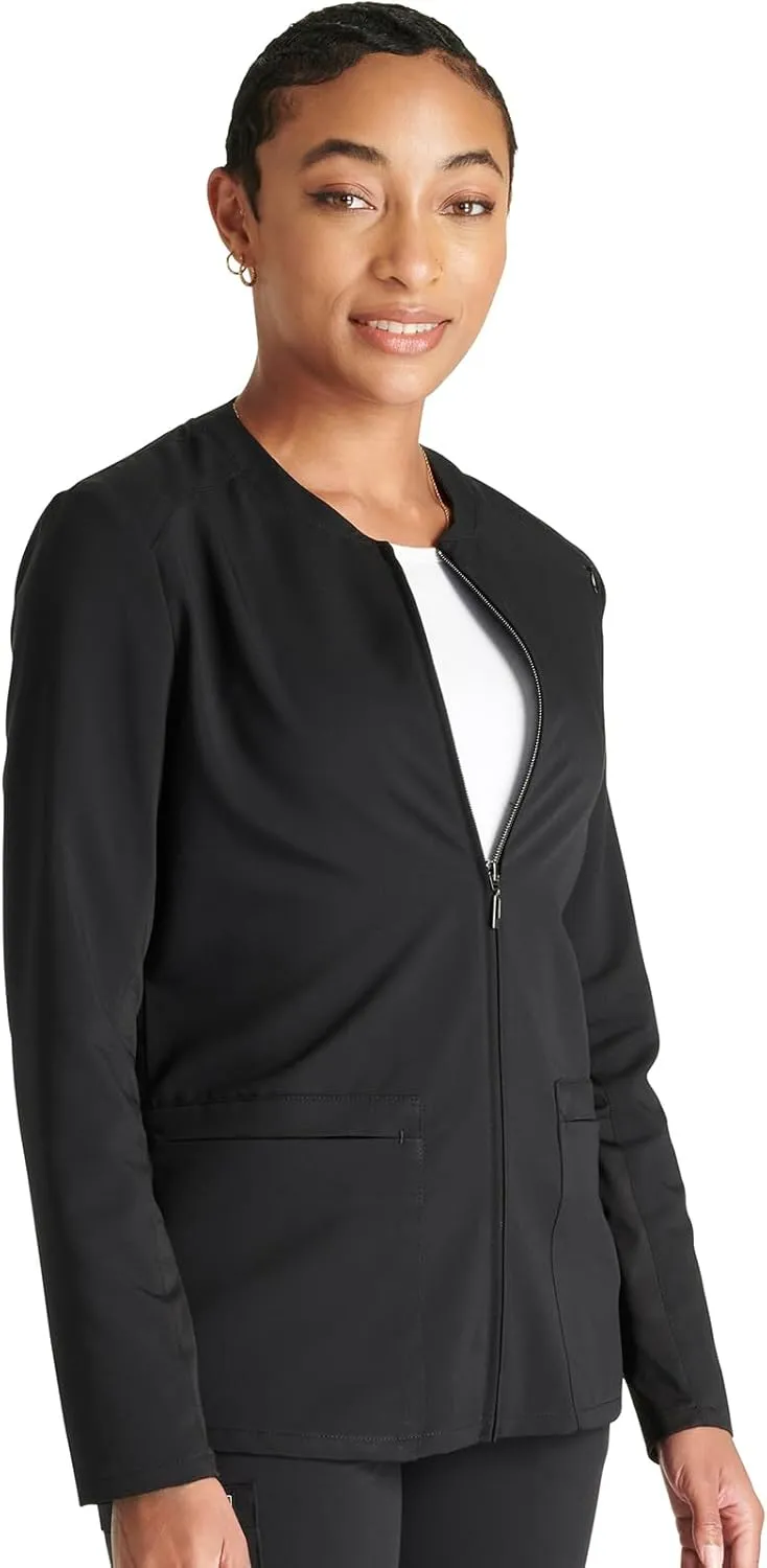Cherokee Women Zip Scrub Jacket with 2 Pockets and Shirttail Hem Knit Sleeve CK356A