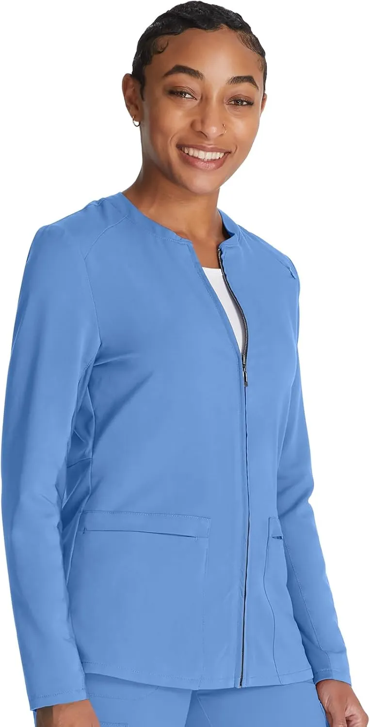 Cherokee Women Zip Scrub Jacket with 2 Pockets and Shirttail Hem Knit Sleeve CK356A