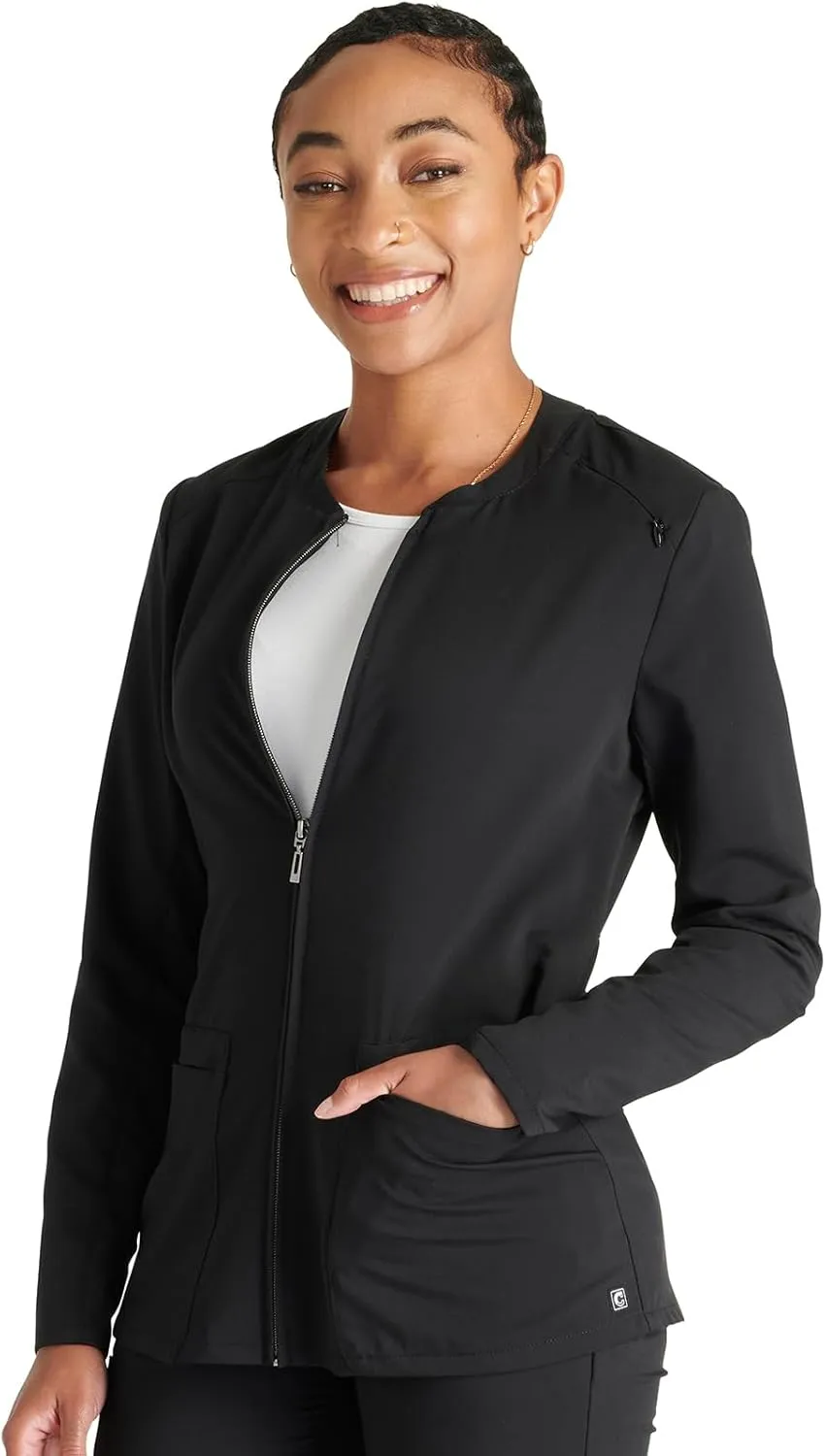 Cherokee Women Zip Scrub Jacket with 2 Pockets and Shirttail Hem Knit Sleeve CK356A