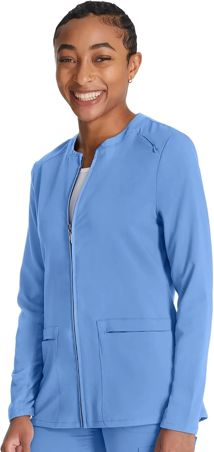Cherokee Women Zip Scrub Jacket with 2 Pockets and Shirttail Hem Knit Sleeve CK356A