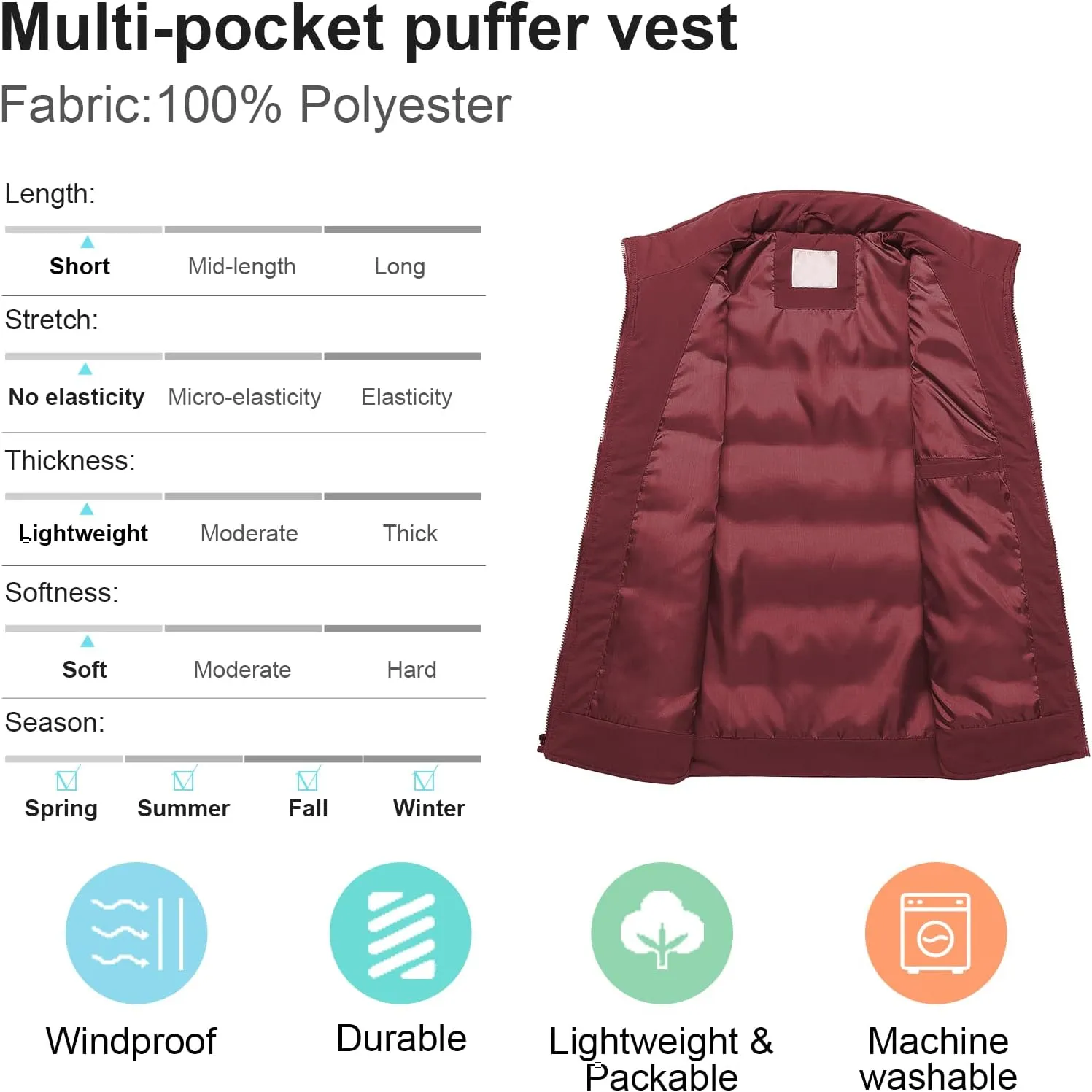 Chrisuno Men's Lightweight Winter Puffer Ski Vest Jacket Packable Outerwear
