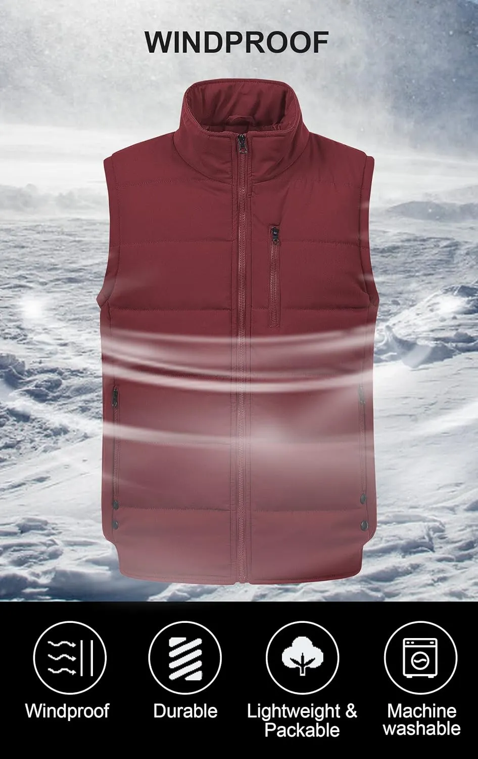 Chrisuno Men's Lightweight Winter Puffer Ski Vest Jacket Packable Outerwear