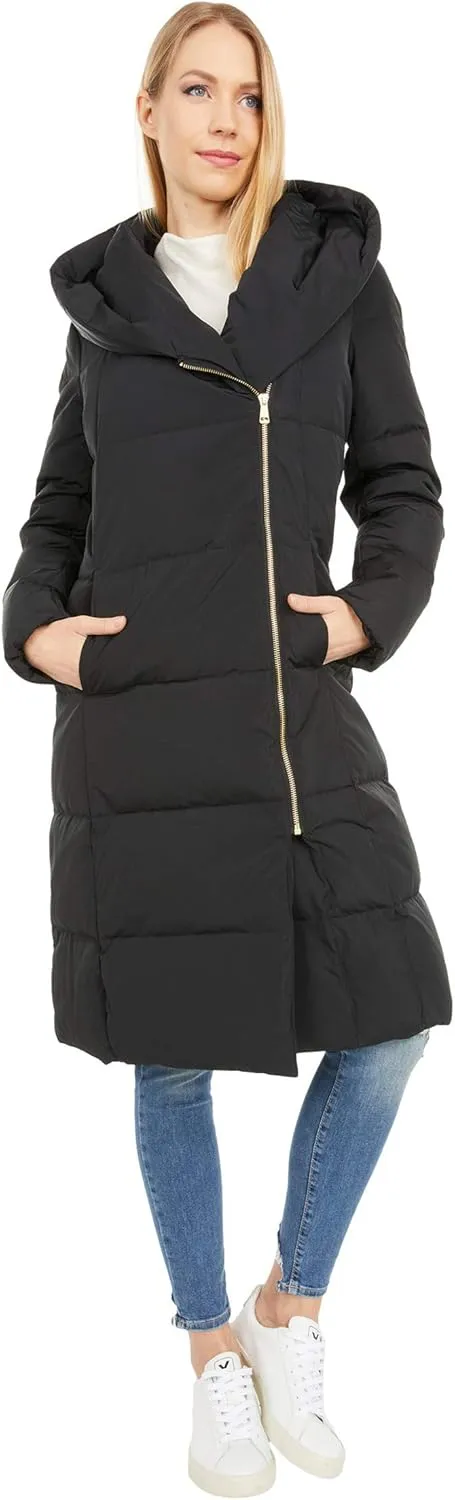Cole Haan Women's Long Size Zip Hooded Quilted Down Coat