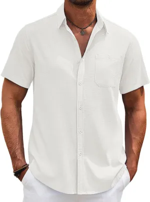 COOFANDY Men's Cotton Linen Shirts Short Sleeve Casual Shirts Summer Button Down Shirt Linen Beach Vacation Shirt
