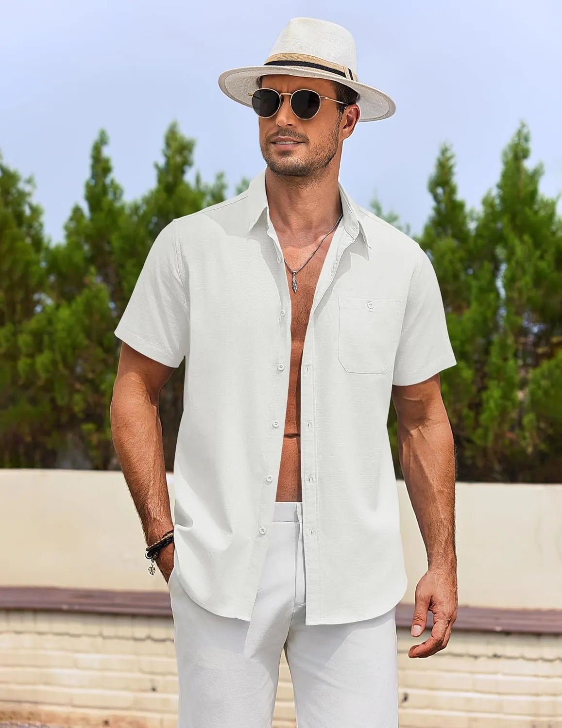 COOFANDY Men's Cotton Linen Shirts Short Sleeve Casual Shirts Summer Button Down Shirt Linen Beach Vacation Shirt