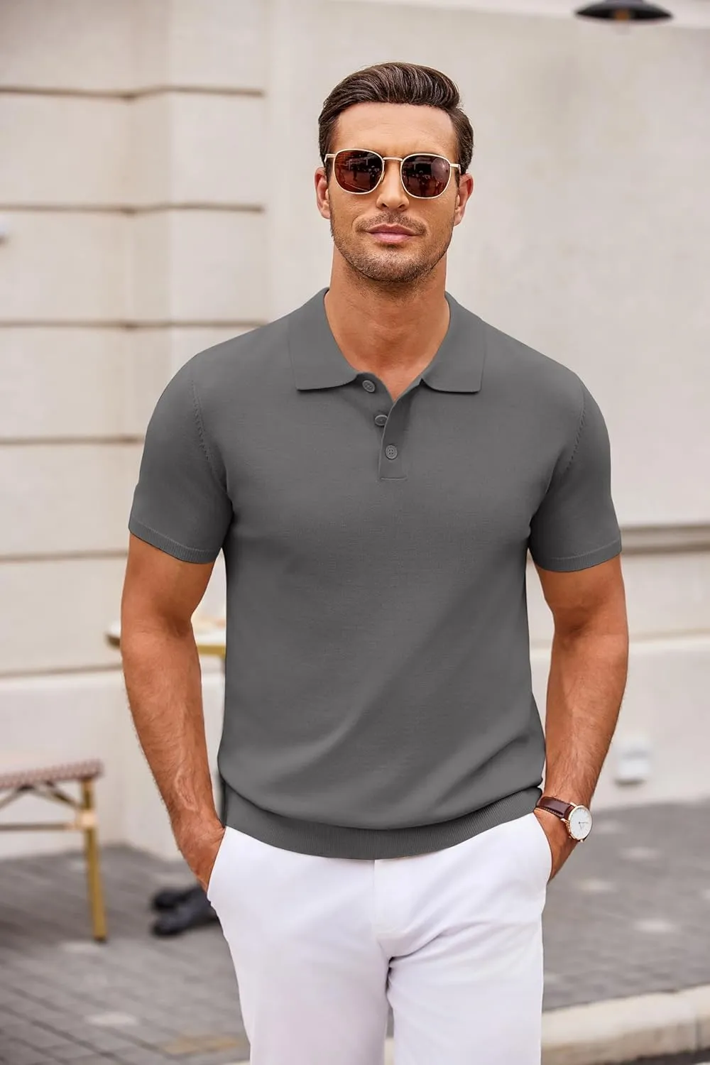 COOFANDY Mens Knit Polo Shirts Casual Short Sleeve Button Down Polo Shirt Classic Golf Shirts