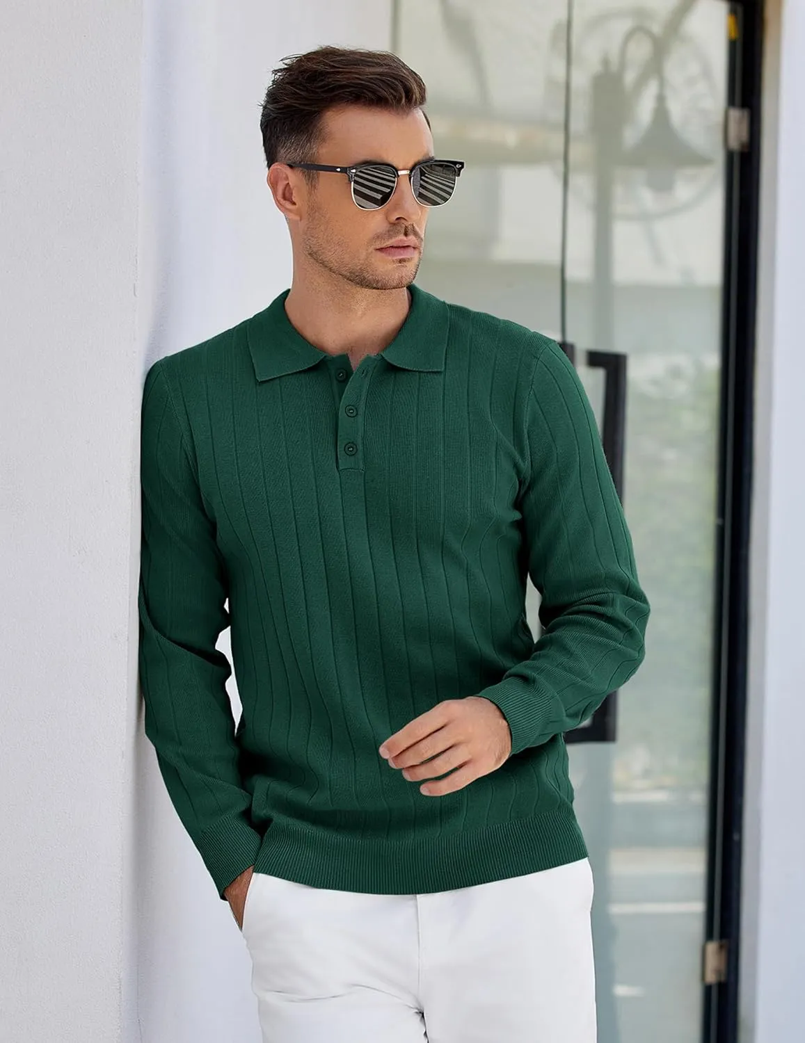 COOFANDY Mens Knit Polo Sweater Long Sleeve Polos Lightweight Casual Dress Pullover Sweaters