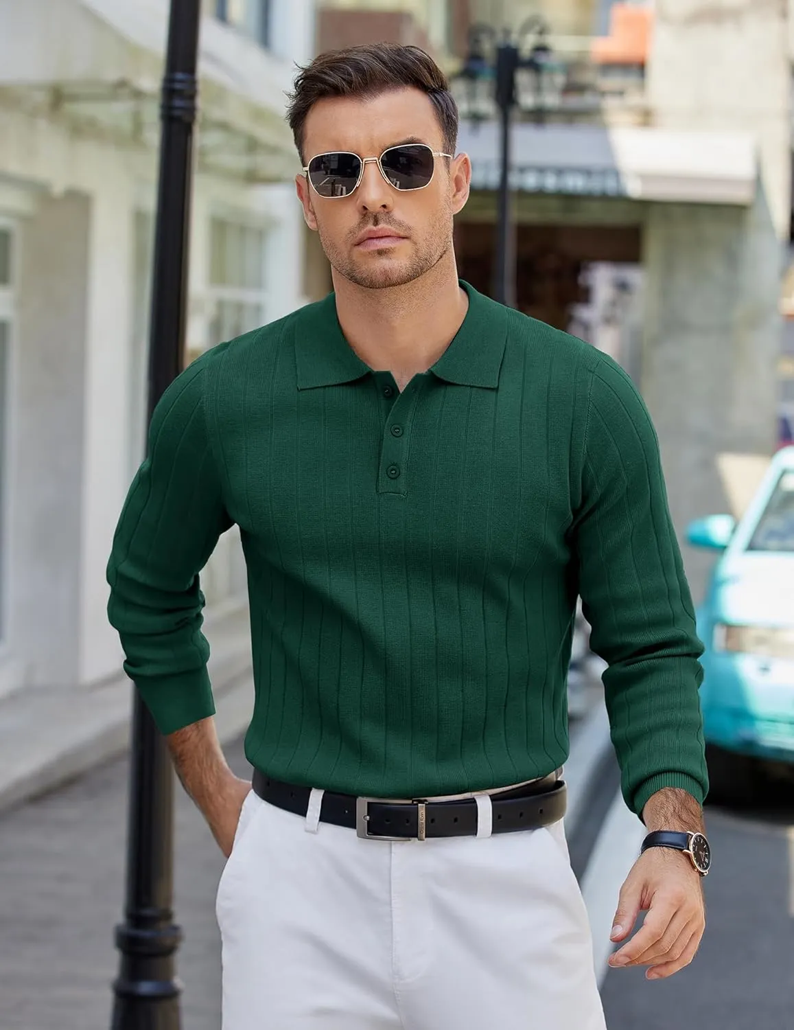 COOFANDY Mens Knit Polo Sweater Long Sleeve Polos Lightweight Casual Dress Pullover Sweaters