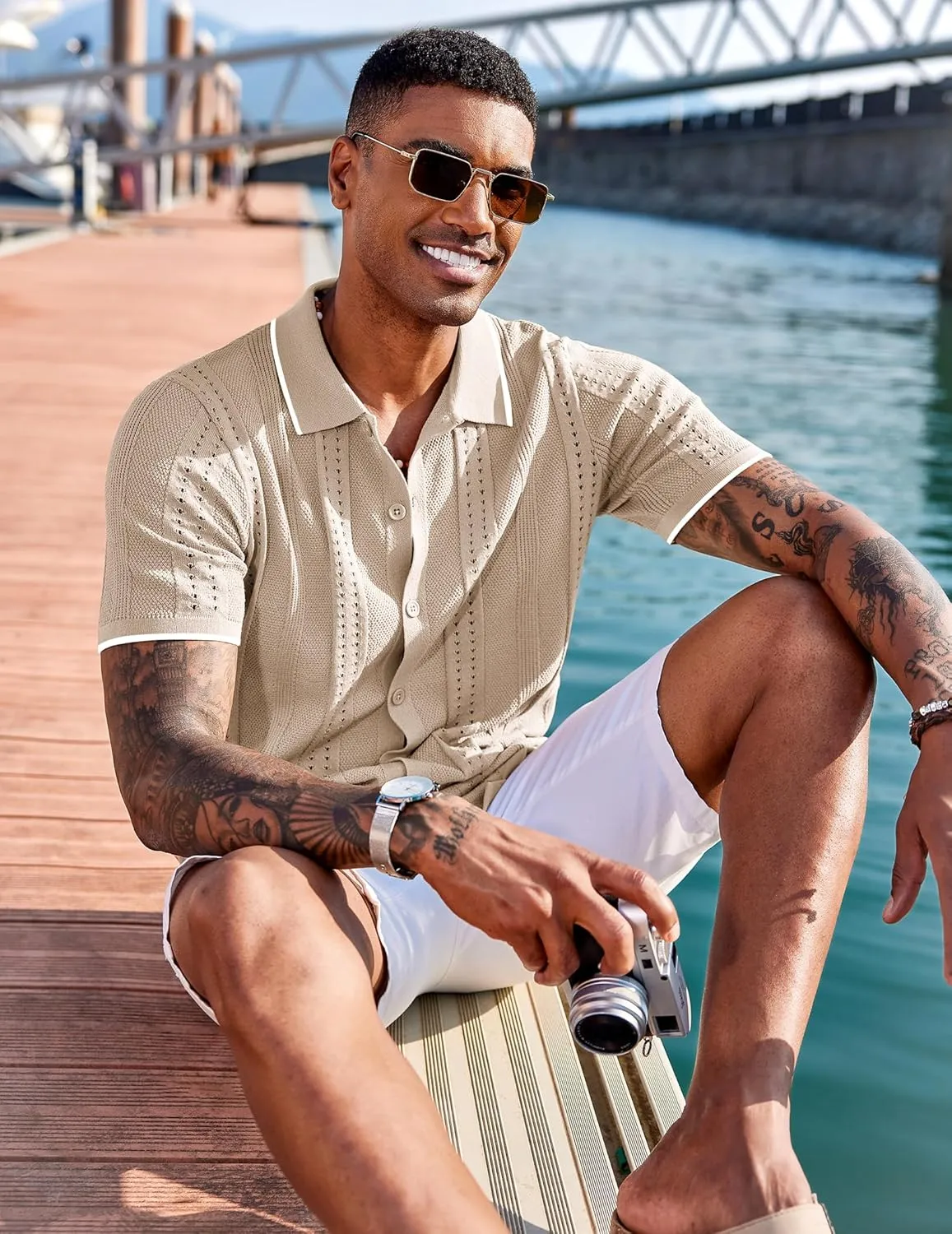 COOFANDY Men's Knit Shirts Short Sleeve Button Down Polo Shirt Fashion Casual Summer Beach Shirts