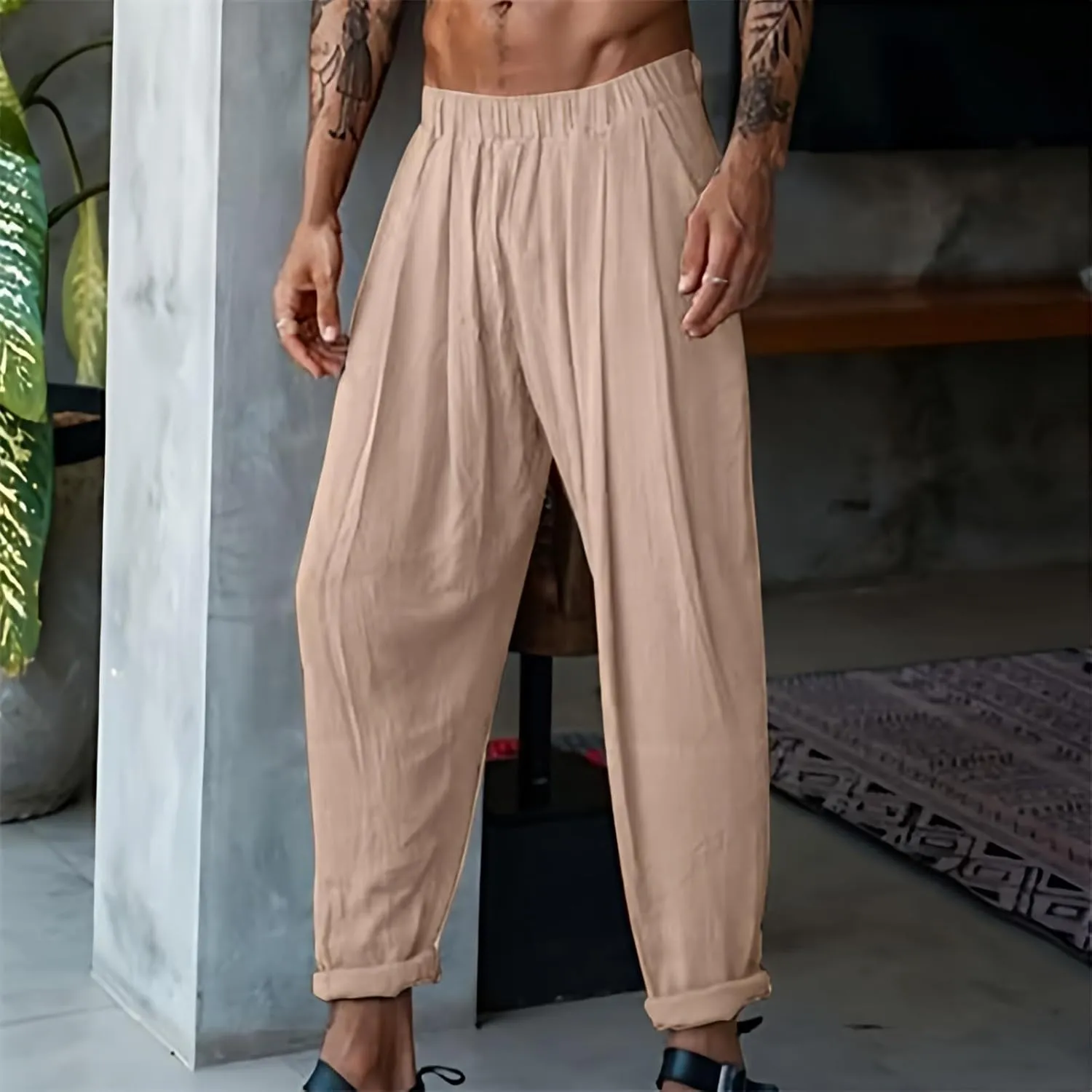 CRNTCEM Loose Fit Beach Pants for Men Drastring Pant Lightweight Summer Casual Linen Pant Elastic Waist Sports Golf Sweatpant