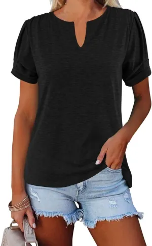 Dailiup Women's Casual V Neck T-Shirts Short Sleeve Summer Cute Tunic Tops Tees Loose Solid Basic Blouses