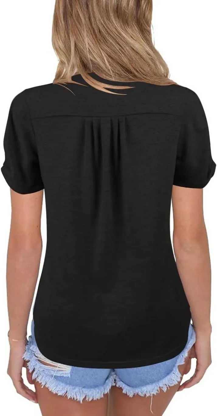 Dailiup Women's Casual V Neck T-Shirts Short Sleeve Summer Cute Tunic Tops Tees Loose Solid Basic Blouses