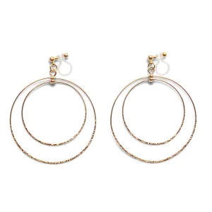 Dangle Gold Double Circle Hoop Invisible Clip on Earrings
