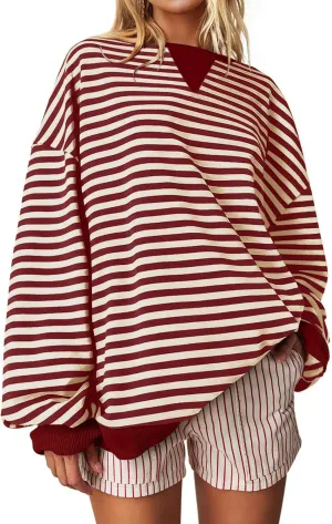Darong Women Oversized Striped Color Block Long Sleeve Crew Neck Sweatshirt Casual Cotton Pullover Sweatshirts Fall Cloth