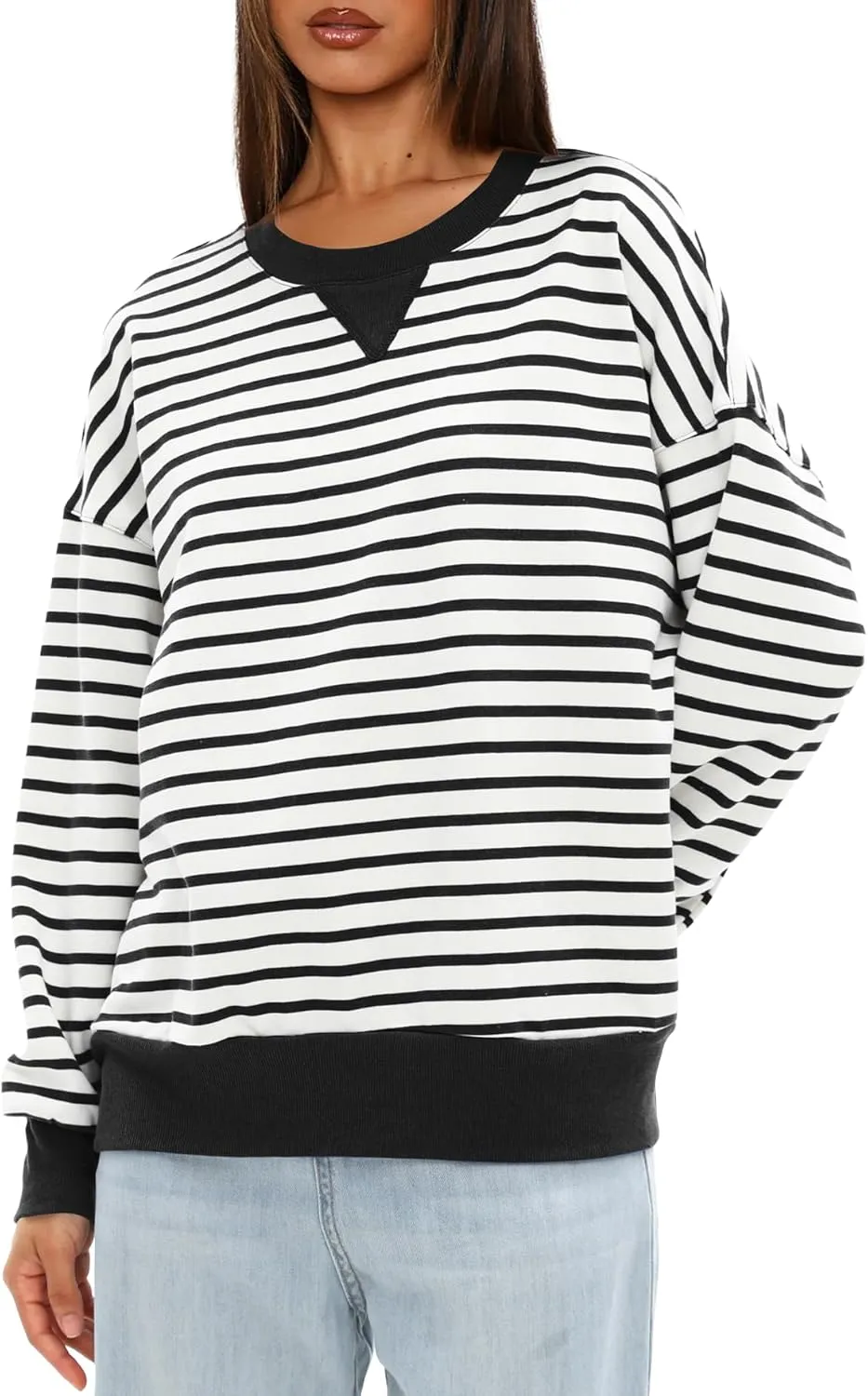 Darong Women Oversized Striped Color Block Long Sleeve Crew Neck Sweatshirt Casual Cotton Pullover Sweatshirts Fall Cloth