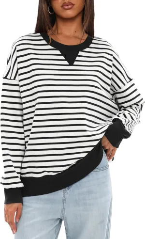 Darong Women Oversized Striped Color Block Long Sleeve Crew Neck Sweatshirt Casual Cotton Pullover Sweatshirts Fall Cloth