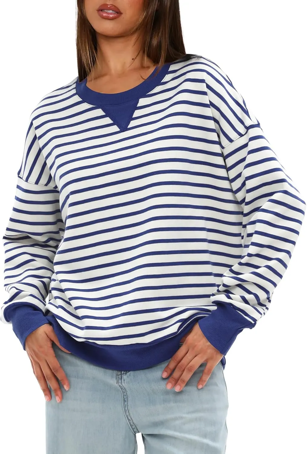 Darong Women Oversized Striped Color Block Long Sleeve Crew Neck Sweatshirt Casual Cotton Pullover Sweatshirts Fall Cloth