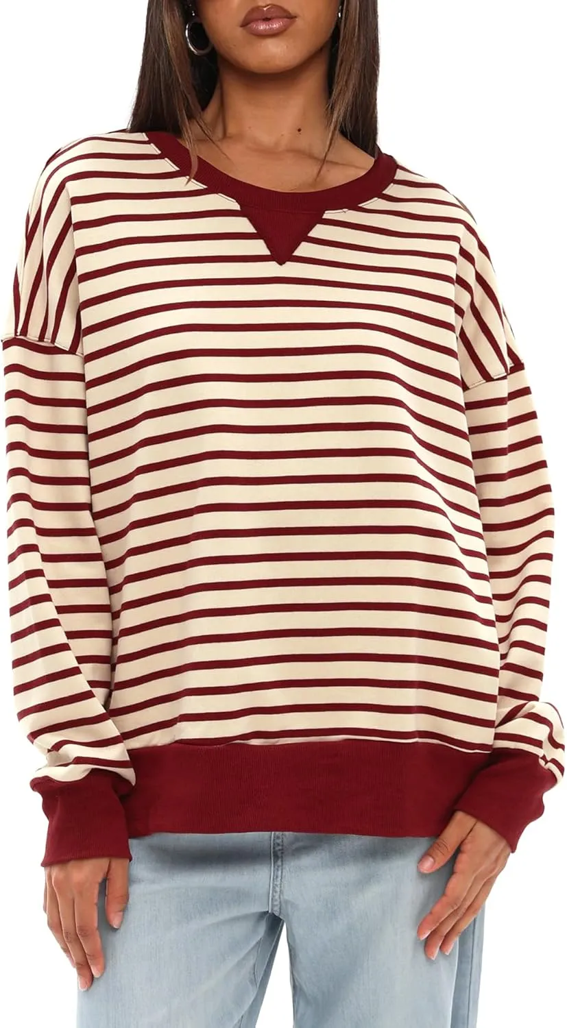 Darong Women Oversized Striped Color Block Long Sleeve Crew Neck Sweatshirt Casual Cotton Pullover Sweatshirts Fall Cloth