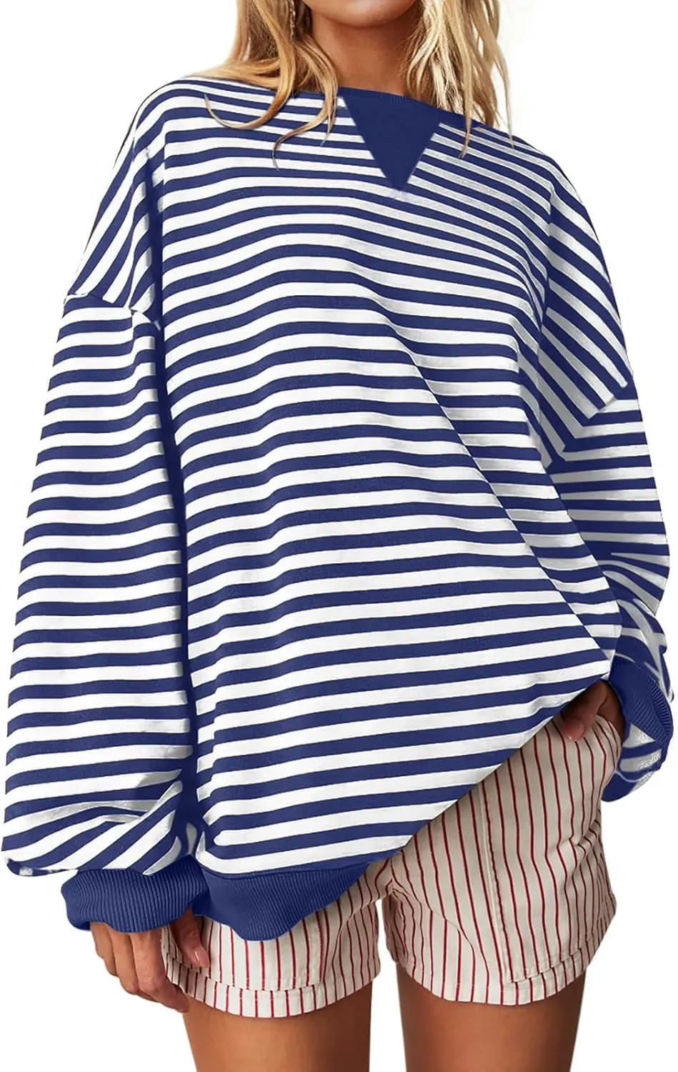 Darong Women Oversized Striped Color Block Long Sleeve Crew Neck Sweatshirt Casual Cotton Pullover Sweatshirts Fall Cloth