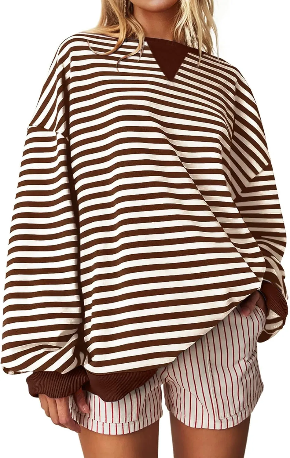 Darong Women Oversized Striped Color Block Long Sleeve Crew Neck Sweatshirt Casual Cotton Pullover Sweatshirts Fall Cloth