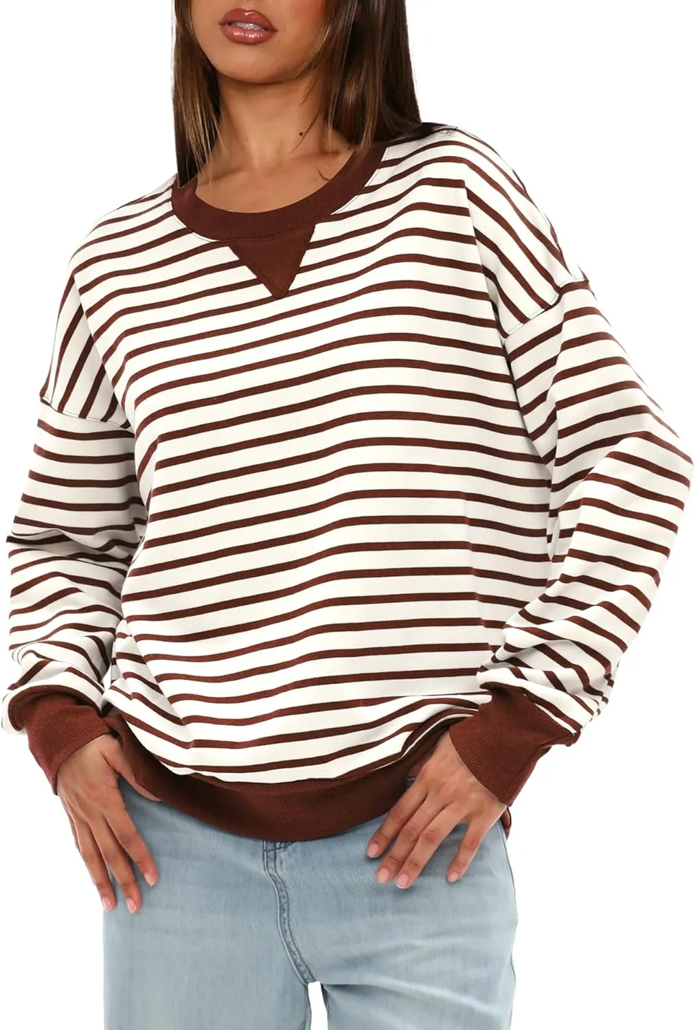 Darong Women Oversized Striped Color Block Long Sleeve Crew Neck Sweatshirt Casual Cotton Pullover Sweatshirts Fall Cloth