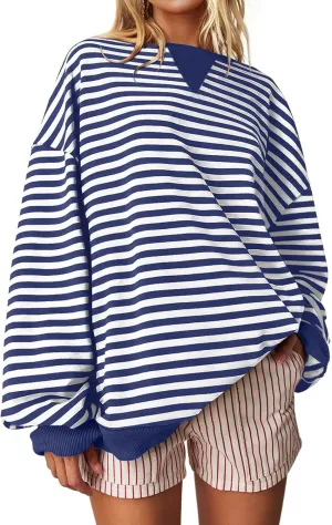 Darong Women Oversized Striped Color Block Long Sleeve Crew Neck Sweatshirt Casual Cotton Pullover Sweatshirts Fall Cloth