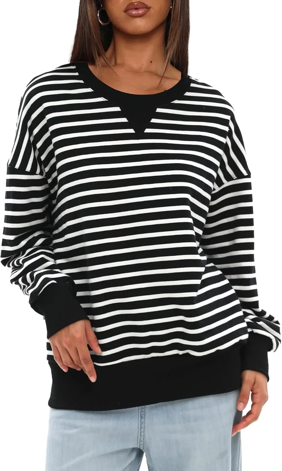 Darong Women Oversized Striped Color Block Long Sleeve Crew Neck Sweatshirt Casual Cotton Pullover Sweatshirts Fall Cloth