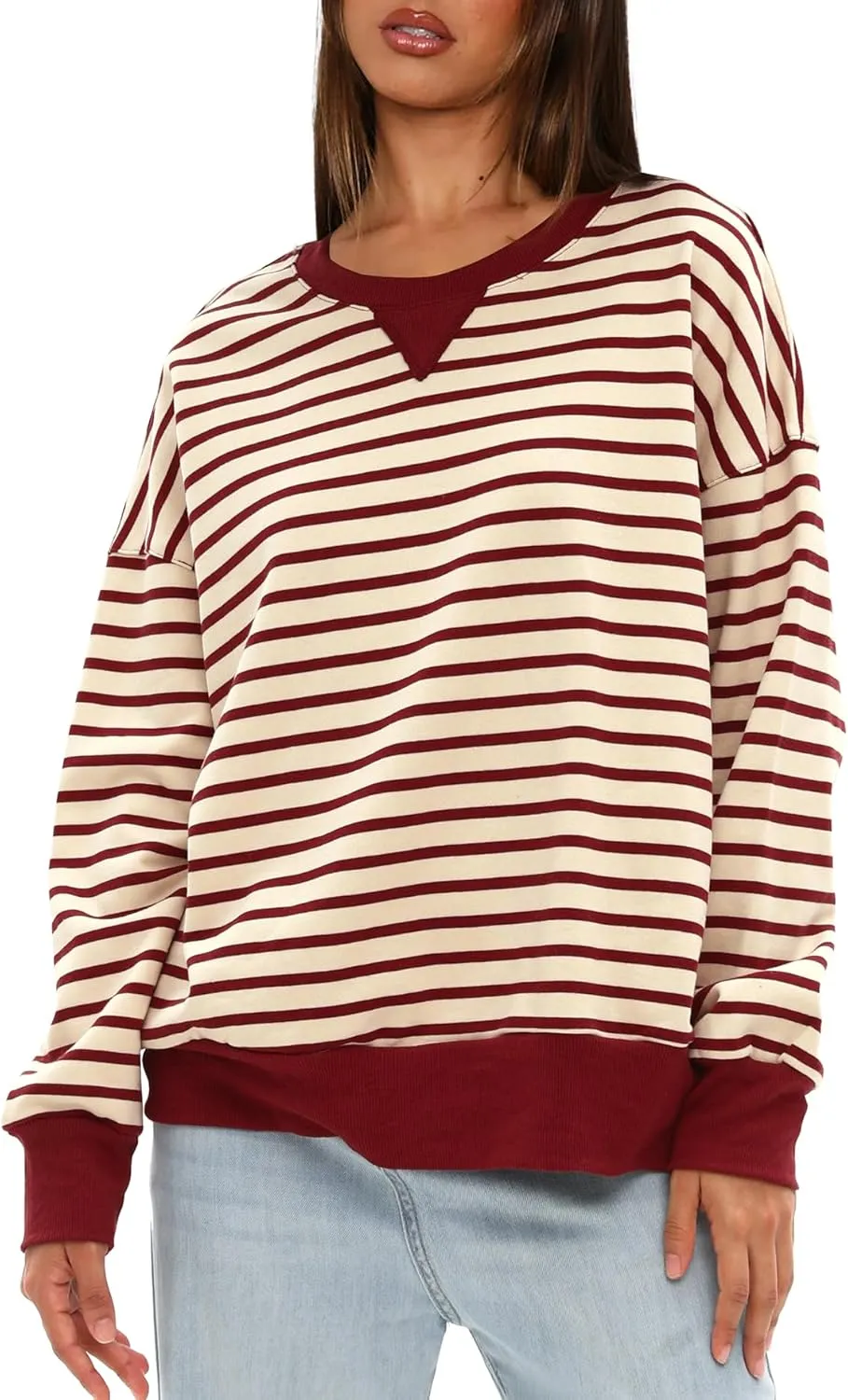 Darong Women Oversized Striped Color Block Long Sleeve Crew Neck Sweatshirt Casual Cotton Pullover Sweatshirts Fall Cloth