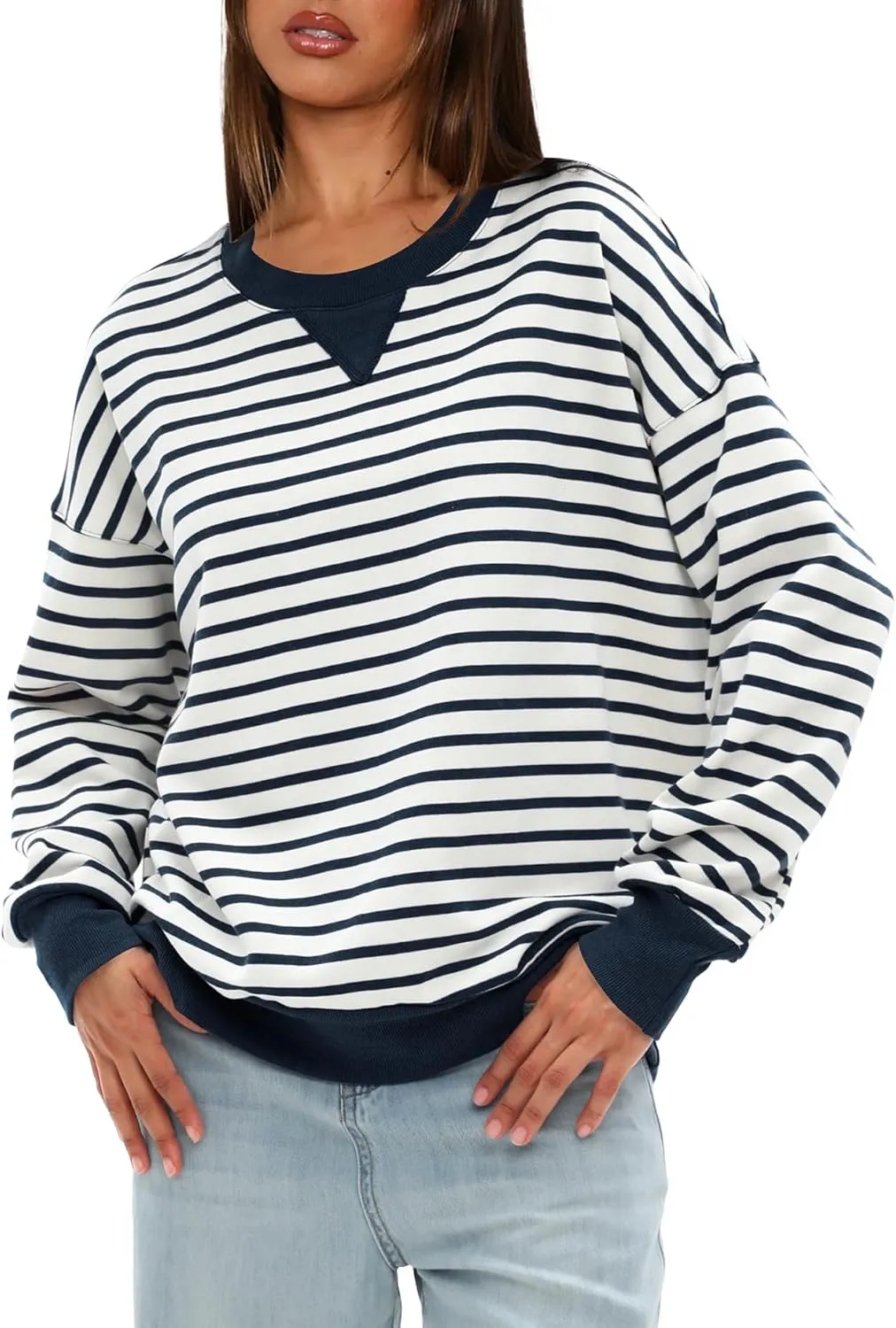 Darong Women Oversized Striped Color Block Long Sleeve Crew Neck Sweatshirt Casual Cotton Pullover Sweatshirts Fall Cloth
