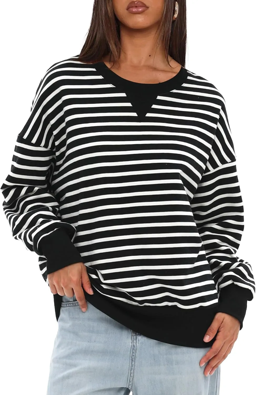 Darong Women Oversized Striped Color Block Long Sleeve Crew Neck Sweatshirt Casual Cotton Pullover Sweatshirts Fall Cloth