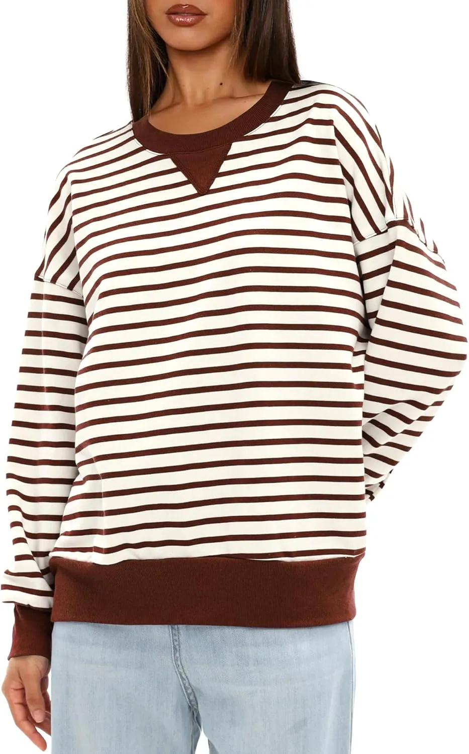 Darong Women Oversized Striped Color Block Long Sleeve Crew Neck Sweatshirt Casual Cotton Pullover Sweatshirts Fall Cloth